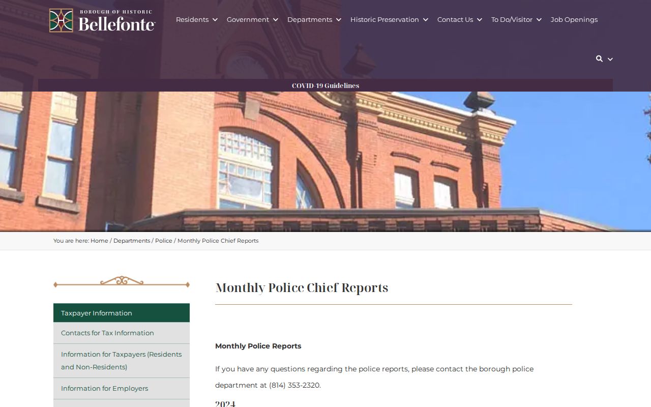 Bellefonte Borough official monthly police reports for municipal arrest and incident records
