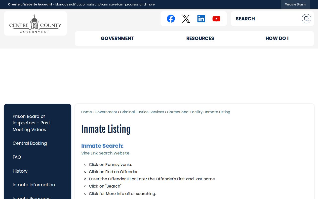 Centre County official Inmate Listing instructions for in-custody booking-record lookup