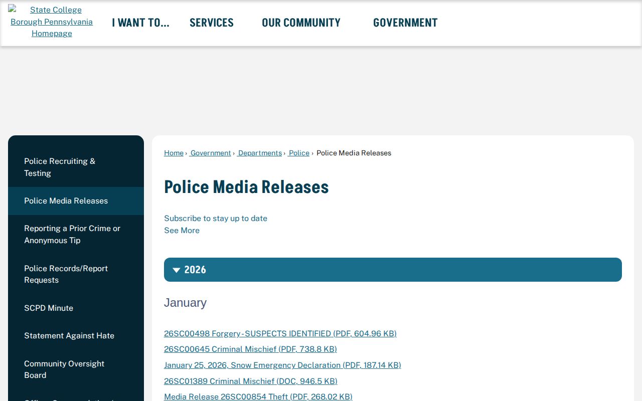 State College Police official media releases archive for city arrest record notices